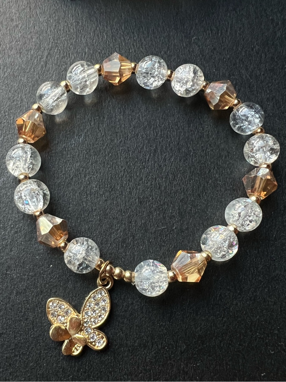 Gold Butterfly Charm Stretch Bracelet with Clear and Champagne Beads NWOT